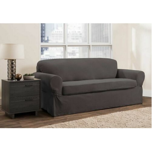 SmartFit Stretch Loveseat Slipcover - 2 Piece, Gray, Sure Fit Cover Zenna Home