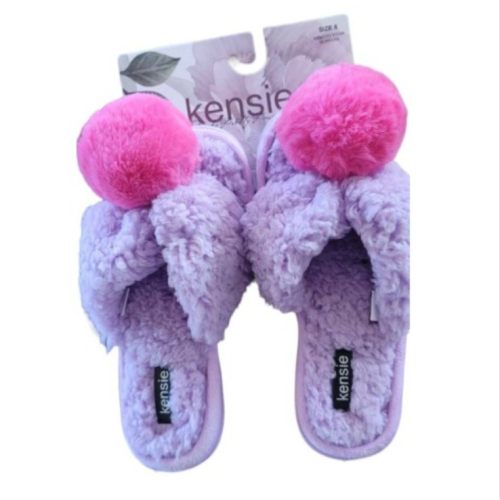 Kensie Memory Foam Slippers Flip Flop Thong 8 Women Purple Puff Ball NWT