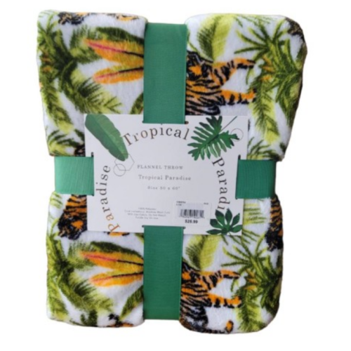 Tropical Paradise Flannel Throw Blanket. Palm & Tiger Print