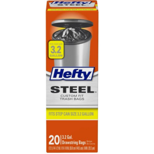 Hefty Steel Custom Fit B Size Drawstring Trash Bags, Black, Unscented 20 Ct