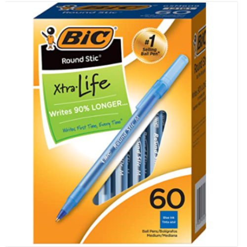 BIC Round Stic Xtra Life Ballpoint Pen, Medium Point (1.0mm), Blue, Flexible Round Barrel For Writing Comfort, 60-Count