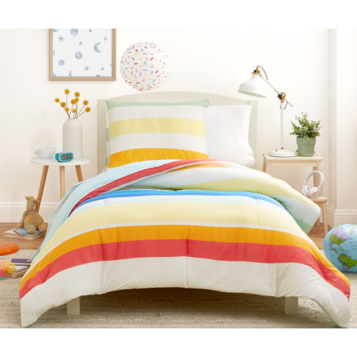 Gap Home Kids Mixed Stripe T-Shirt Soft Jersey Organic Cotton Blend Comforter Set, Full/Queen, Rainbow,3-Pieces