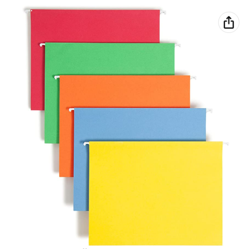 Smead Colored Hanging File Folder with Tab, 1/5-Cut Adjustable Tab, Letter Size, Assorted Primary Colors, 25 Per Box (64059)