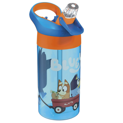 Zak Designs 16 oz Bluey Kids Water Bottle Plastic with Push-Button Spout and Locking Cover, Bandit, Bluey, and Bingo