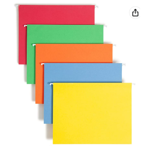 Smead Colored Hanging File Folder with Tab, 1/5-Cut Adjustable Tab, Letter Size, Assorted Primary Colors, 25 Per Box