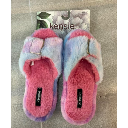Kensie Women’s Size 6/7 Memory Foam Rainbow Pink/Blue Tie-Dye Faux Fur Slippers