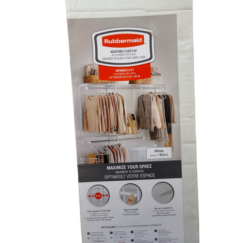 Rubbermaid Configurations Classic Closet Kit, White, 3-6 Ft., Wire Shelving Kit with Expandable Shelving and Telescoping Rods, Custom Closet Organization System, Easy Installation