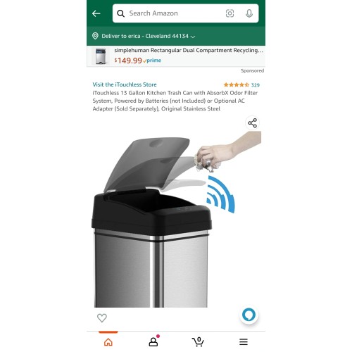iTouchless 13 Gallon Kitchen Trash Can with AbsorbX Odor Filter System, Powered by Batteries (not Included) or Optional AC Adapter (Sold Separately), Original Stainless Steel