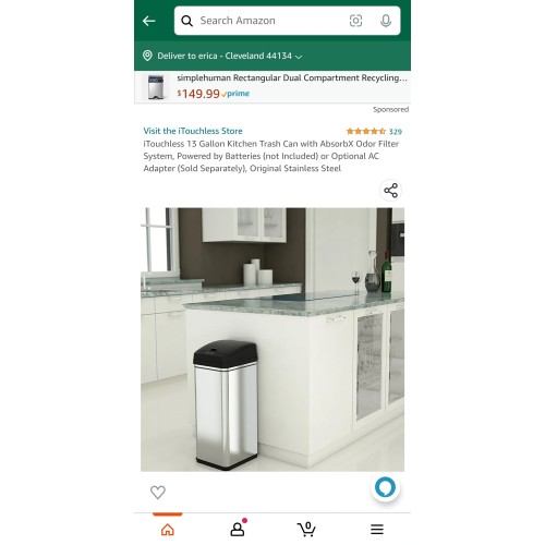 iTouchless 13 Gallon Kitchen Trash Can with AbsorbX Odor Filter System, Powered by Batteries (not Included) or Optional AC Adapter (Sold Separately), Original Stainless Steel