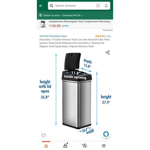 iTouchless 13 Gallon Kitchen Trash Can with AbsorbX Odor Filter System, Powered by Batteries (not Included) or Optional AC Adapter (Sold Separately), Original Stainless Steel