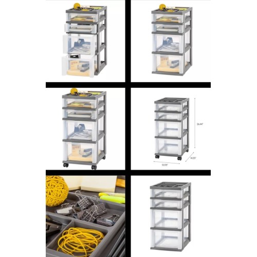 IRIS 4 Drawer Plastic Storage Cart Gray/Natural Clear