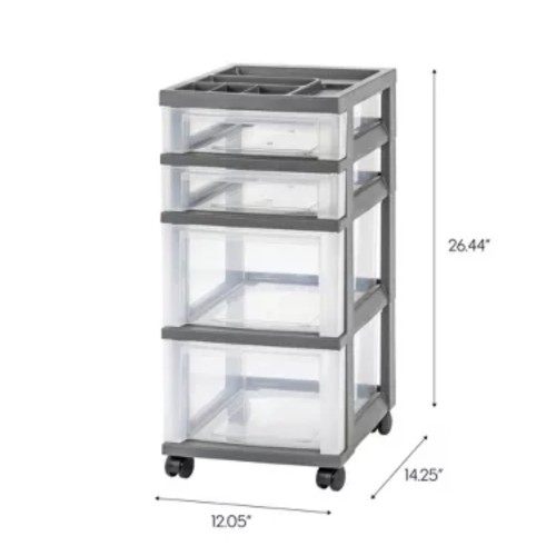 IRIS 4 Drawer Plastic Storage Cart Gray/Natural Clear
