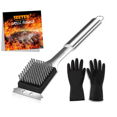 SEETEN Grill Brush and Scraper with 1 Reusable Cleaning Gloves-Safe&Strong 16 inch Stainless Steel Grill Cleaning Brush no Wire Bristles Fall Off-Nice Grill Accessories Gift