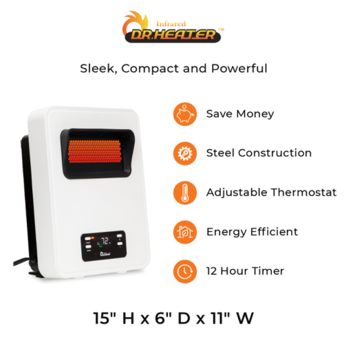 Dr Infrared Heater DR-908 HeatStyle 2-Way Wall Mount or Portable Space Heater, Energy Saving Dual-Heat System, Child and Pet Safe, Powerful 1500 Watt Space Heater