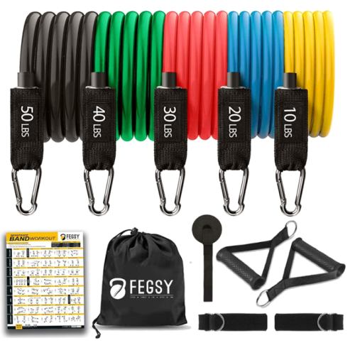 FEGSY Resistance Bands Set for Exercise, Stretching, and Workout Toning Tube Kit with Foam Handles, Door Anchor, Ankle Strap, and Carrying Bag for Men, Women