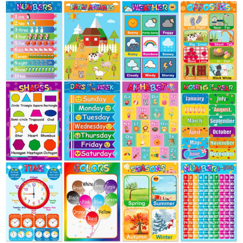 Educational Posters for Preschoolers Toddlers Kids Kindergarten Classrooms Alphabet Letters, Numbers, Shapes, Colors, Seasons, Week, Months, More,11 x 16 Inch,12PCS
