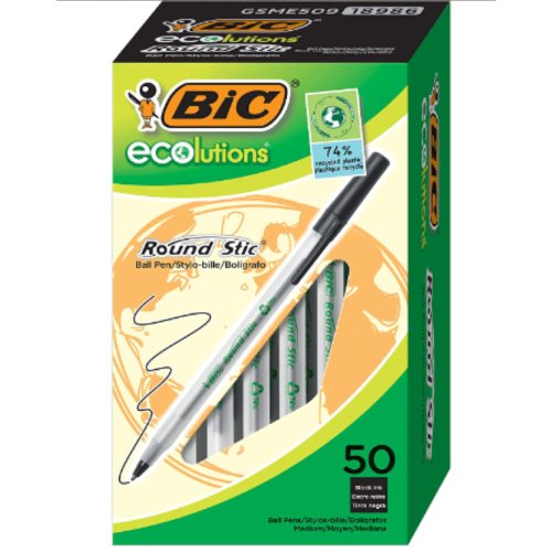 Bic Ecolutions Round Stic Ballpoint Pen Black Ink 1Mm Medium 50/Pack