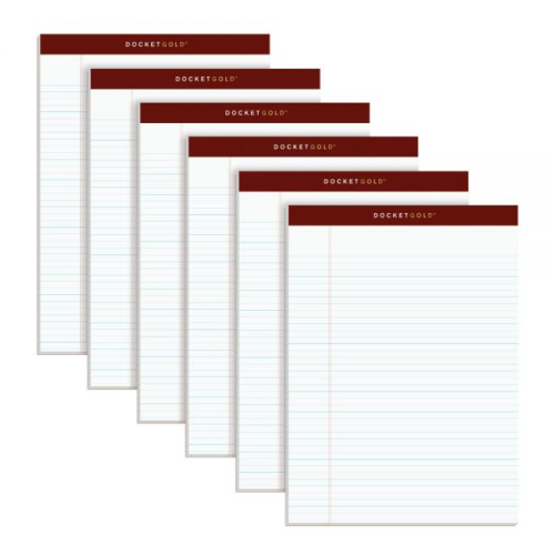 TOPS Docket Gold Writing Pads, 5" x 8", Jr. Legal Rule, 50 Sheets, 6 pack