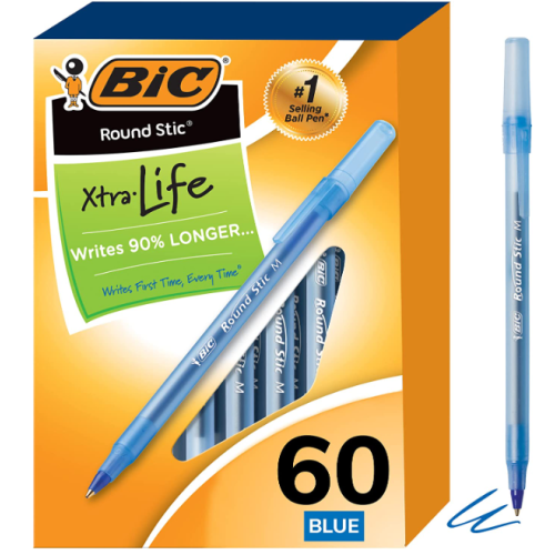 BIC Round Stic Xtra Life Blue Ballpoint Pens, Medium Point (1.0mm), 60-Count Pack of Bulk Pens, Flexible Round Barrel for Writing Comfort, No. 1 Selling Ballpoint Pens