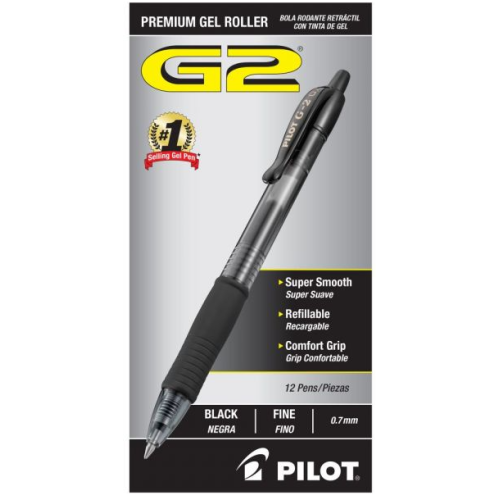 Pilot G2 Premium Gel Pen, Retractable, Fine 0.7 mm, Black Ink, Smoke Barrel, Dozen 7 pens