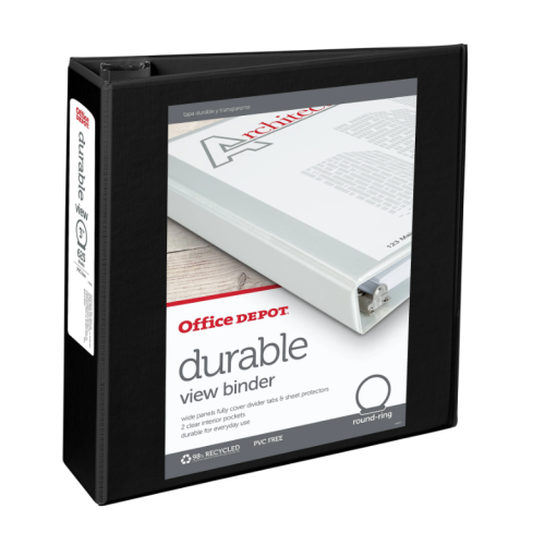 Office Depot® Brand Durable View 3-Ring Binder, 3" Round Rings, 49% Recycled, Black Pack of 2