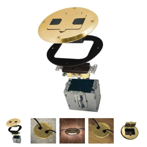 Single Gang Floor Box Kit with Recessed Duplex 15A TR Device and Adjustable Steel Box, Brass Finish
