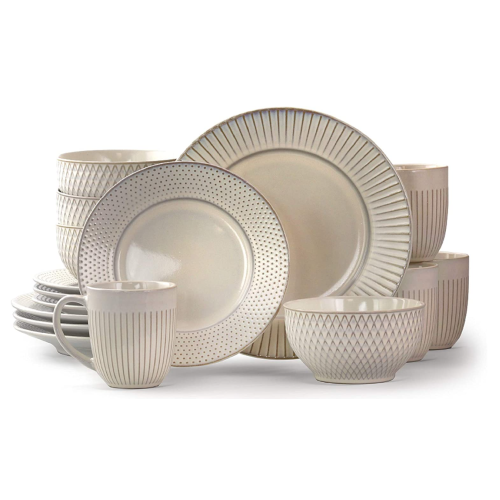 Elama Market Finds 16 Piece Round Stoneware Dinnerware Set in Embossed White Elama Market Finds 16 Piece Round Stoneware Dinnerware Set in Embossed White