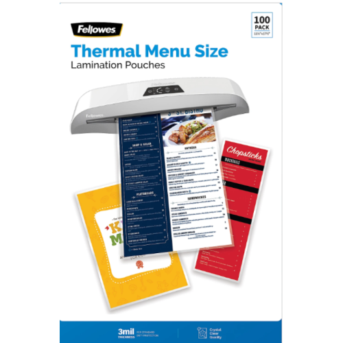 Fellowes® Thermal Laminating Pouches, Menu Size, 3 Mil, 11-1/2" x 17-1/2", Ultra-Clear, Pack Of 100 Pouches