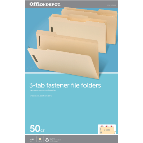 Office Depot® Brand Reinforced Manila Folder With 2 Embossed Fasteners, 1/3-Cut Tabs, Legal Size, Box Of 50