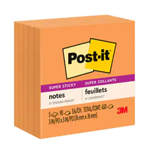 Post-it® Super Sticky Notes, 3" x 3", Neon Orange, Neon Blue 100 Sheets/Pad, 12 Pads/Pack