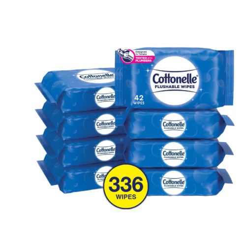 Cottonelle Flushable Wet Wipes, 8 Resealable Packs of 42 Wipes, 336 Total Wipes
