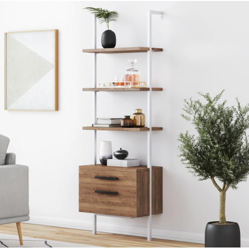 Theo Storage Ladder Bookcase with Drawers | 3-Shelf | Wood Finish