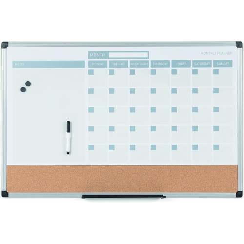 MasterVision Magnetic Dry Erase Monthly Calendar Planner Push Pin Corkboard Combo with Marker Tray, 24" x 36", Gray Plastic Frame, White, MB0707186P