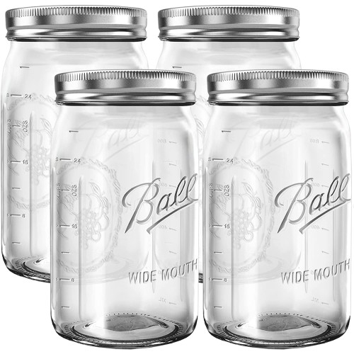 Mason Jars Wide Mouth 32 oz Bundle with Non Slip Jar Opener brand BHL Jars - Set of 4 Quart Size Mason Jars - Canning Glass Jars with Lids