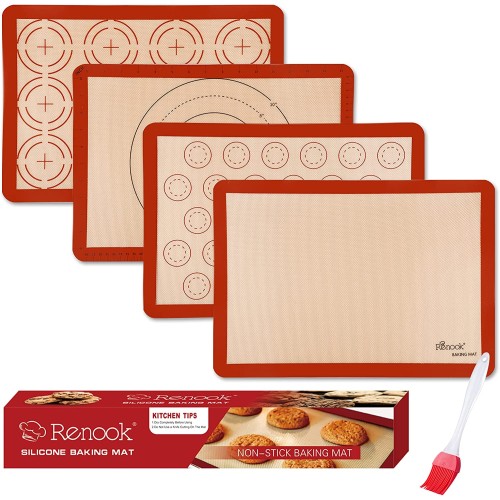 RENOOK Silicone Baking Mats-Set of 4 Nonstick Half Sheets (16.5'' x 11.5'') and 1x Oil Brush- BPA-free Grade Food & Reusable Baking Oven Liner Sheet - Dishwasher Safe - Macaron, Pastry, Pizza, Cookie