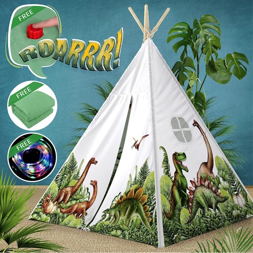 W&O Dinosaur Kids Teepee Tent with Roar Button, LED Lights & Plush Mat - The Most Stable Teepee Tent for Kids - Dinosaur Tent - Dinosaur Toys for Kids Play Tent - Kids Tent Indoor - Toddler Tent