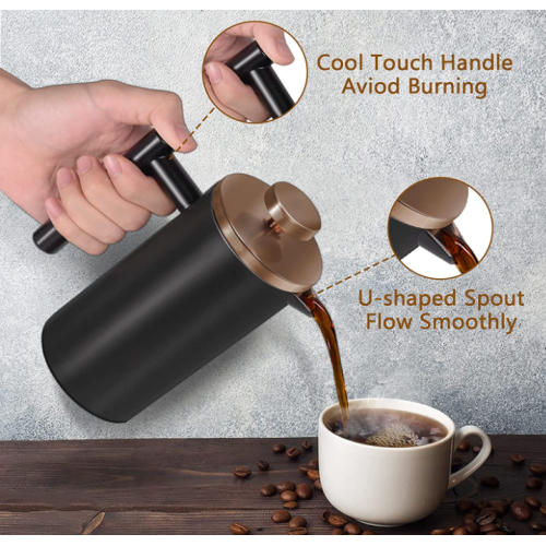 WORBIC French Press Coffee Maker, 12 Ounce Double-Wall Insulated Stainless Steel Coffee Press, 3 Level Filtration System with 3 Extra Filter Screens, Black