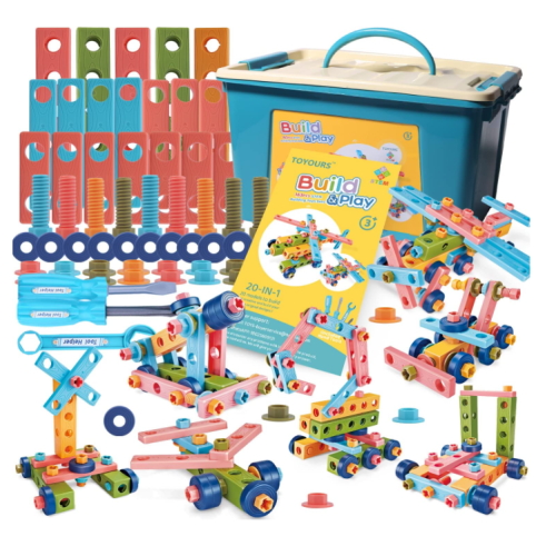 Erector Sets for Kids Ages 4-8, Easy Assembled 163 PCS Engineering Building Blocks, STEM Building Toys for 4 5 6 7 8 Year Old Girls Boys Kids, Educational Toy with Tools, Design Guide and Storage Box