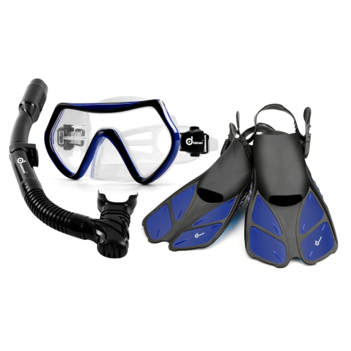 Odoland Bundle - 2 Items Snorkel Set 6-in-1 Snorkeling Packages Blue and 6-in-1 Kids Snorkel Set Pink with Adjustable Swim Fins, Beach Blanket, Waterproof Case and Mesh Bag