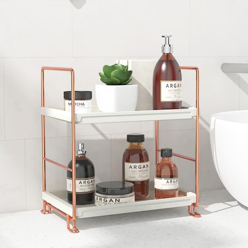 FSyueyun 2-Tier Makeup Shelf Organizer, Kitchen Spice Rack or Bathroom Countertop Organizer Vanity Bedroom Storage Tray (Rose Gold)