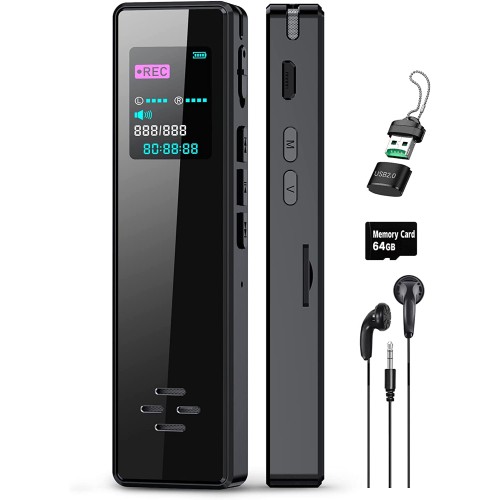64GB Smart Digital Voice Recorder with Playback - Audio Voice Recorder for Lectures Meetings, Recording Device Dictaphone Sound Tape Recorder with Card Reader