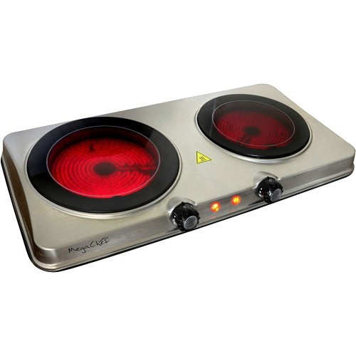 Megachef Electric Easily Portable Heavy Duty Lightweight Dual Size Infrared Burner Cooktop Buffet Range in Sleek Steel, silver (MC-6206A)