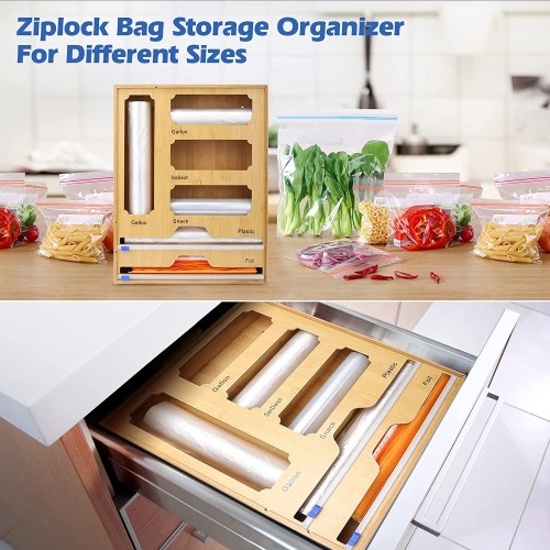 6 in 1 Bag Storage Organizer for Kitchen Drawer, High Capacity Wrap Dispenser with Cutter and Labels,Foil and Plastic Wrap Organizer for Quart, Gallon, Sandwich, Snack Variety Size Bag (Wood color)