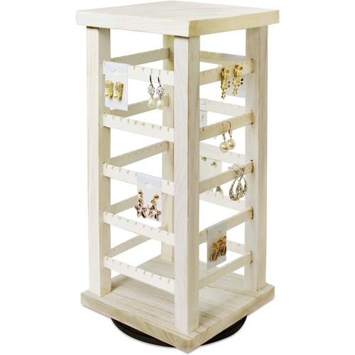 Ikee Design Wash White Color Wood Rotating Jewelry Tower, Earring and Earring Card Storage Display Holder Stand for Store, Showcase, Tradeshow and Home, 7" W X 7" D X 14 7/8" H