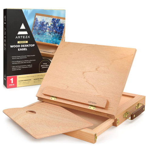 Arteza Tabletop Easel, 13.4 x 10.3 x 2 Inches, Portable Beechwood Easel Box with Single, Open-Compartment Drawer and Wooden Palette, Art Supplies Storage for Professional Artists and Hobby Painters