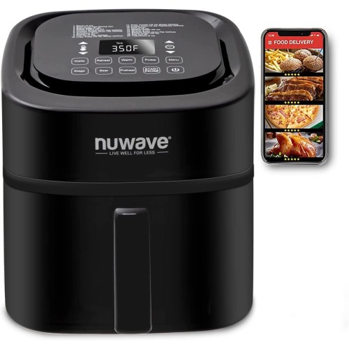 Nuwave Brio 8-Qt Air Fryer, Powerful 1800W, Easy-to-Read Cool White Display, 50°-400°F Temp Controls, 100 Pre-Programmed Presets & 50 Memory Slots, Integrated Smart Thermometer, Linear T Technology