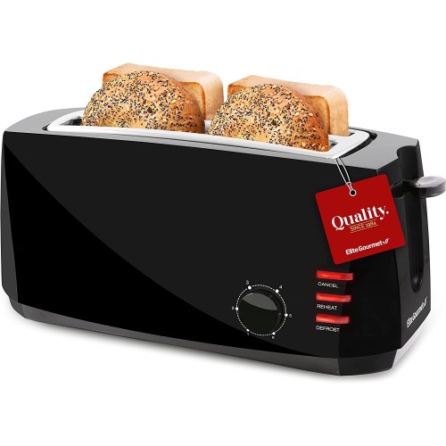 Elite Gourmet ECT4829B# Long Slot 4 Slice Toaster, Reheat 6 Toast Settings, Defrost, Cancel Functions, Built-in Warming Rack, Extra Wide Slots for Bagels Waffles, Black