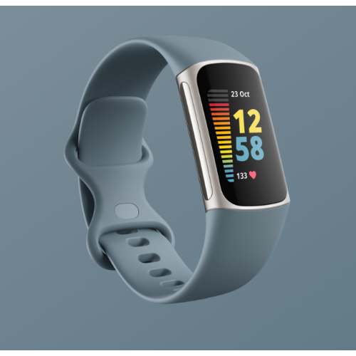 Fitbit Charge 5 Advanced Health & Fitness Tracker with Built-in GPS, Stress Management Tools, Sleep Tracking, 24/7 Heart Rate & More, Platinum, Mineral Blue, One Size S & L Bands Included, Steel Blue