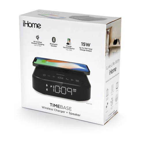 iHome iBTW22 Timebase II Dual Charging Bluetooth Alarm Clock with Wireless & USB Charging