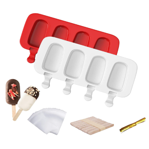 Ouddy Life Popsicle Molds Set of 2, Ice Pop Molds Silicone 4 Cavities Ice Cream Mold Oval Cake Pop Mold with 50 Wooden Sticks for DIY Popsicle, Red White